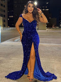 Royal Blue Sequin Mermaid Prom Dresses Off the Shoulder Formal Gown Long