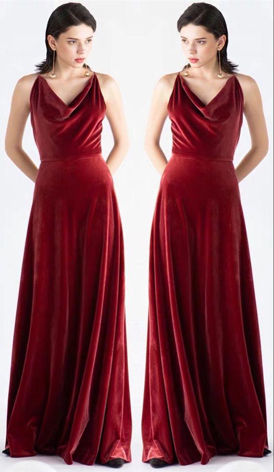 Rust Velvet Bridesmaid Dresses V Neck Sleeveless Wedding Guest Dress MyChicDress