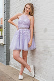 Purple Lace Homecoming Dresses Beaded Halter Hoco Dress