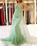 Floor Length Mermaid Sage Green Prom Dresses 2023 Lace Removable Train