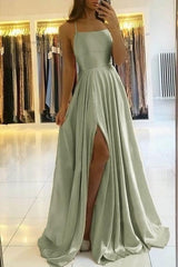 2024 Sage Green Prom Dress With Slit Simple A Line Long Evening Dress