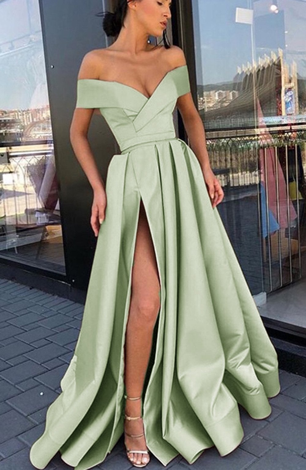 Zapakasa Women Long Prom Dress Green Off The Shoulder Long Sleeves A-Line Evening  Dress