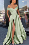 Satin Sage Green Prom Dresses Off Shoulder Sexy V-Neck Long Evening Dress