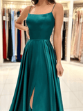 Satin Dark Green Prom Dresses Long Square Evening Dress Backless with High Slit
