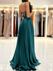 Satin Dark Green Prom Dresses Long Square Evening Dress Backless with ...