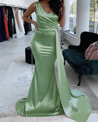 Simple One Shoulder Satin Sage Green Prom Dresses 2024 Mermaid Formal Dress