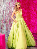 A Line Satin Yellow Prom Dresses Long V Neck with Pockets