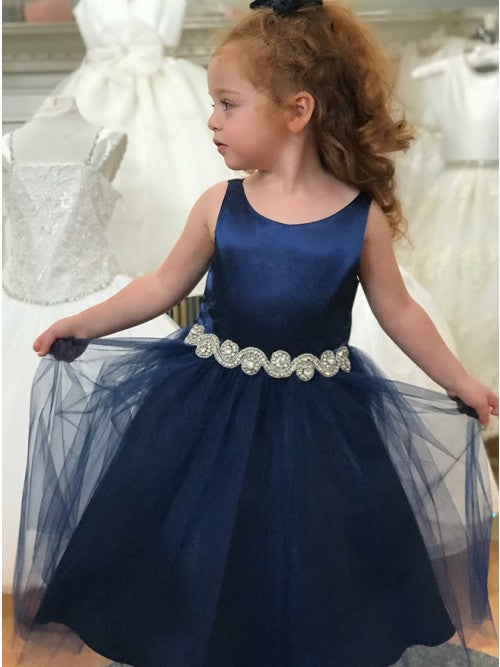 Scoop Satin Tulle Navy Blue Flower Girl Dresses with Belt 5 / Custom Color Scoop Satin Tulle Navy Blue Flower Girl Dresses with Belt 5 / Custom Color