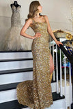 Sequin Gold Square Neck Prom Dresses Mermaid Long Formal Dress Backless with Slit
