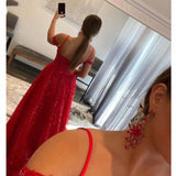 Cheap Red Sequin Lace Prom Dresses Corset Top Off The Shoulder Formal Dress
