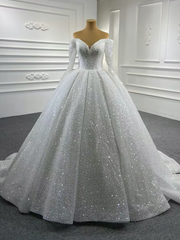 Gorgeous Off the Shoulder Sparkly Ball Gown Sequin Wedding Dresses with Sleeves