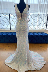 Sequin White Iridescent Formal Dress 2024 Cheap V Neck Sleeveless Prom Dress UK