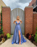 Glitter Spaghetti Straps Sequin Prom Dresses Blue Sleeveless Evening Dress