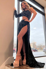Sequins One-Sleeve Black Formal Dresses Cutout Long Prom Dress with Slit