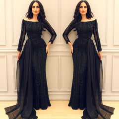 Sexy Black Long Sleeves Sequined Prom Dresses Off-the-Shoulder - MyChicDress