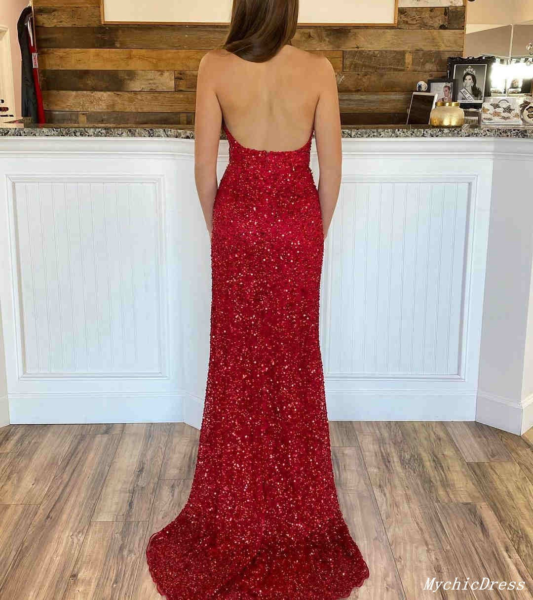 Sexy Sequins Slit V Neck Evening Dresses Sexy Sequins Slit V Neck Evening Dresses