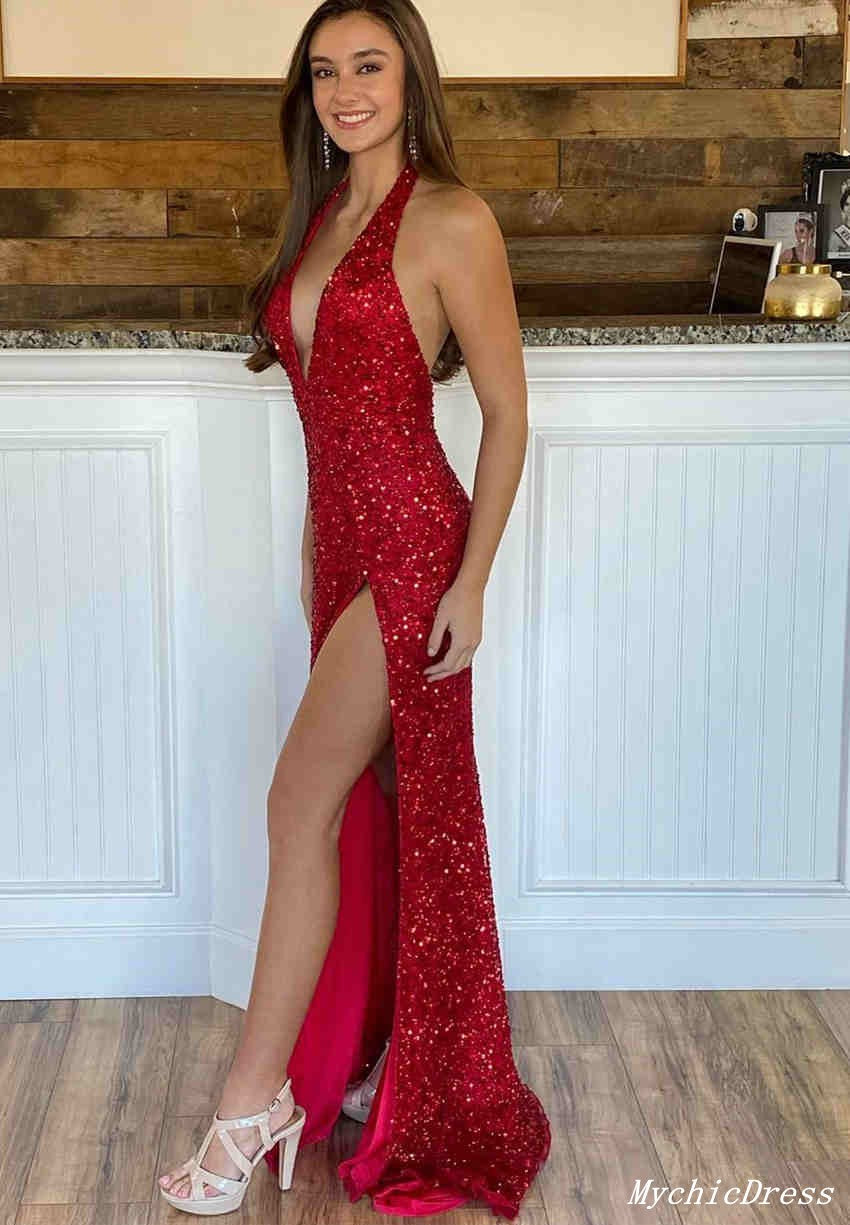 Sexy Deep V Neck Red Sequins Prom Dresses Long Evening Gown with