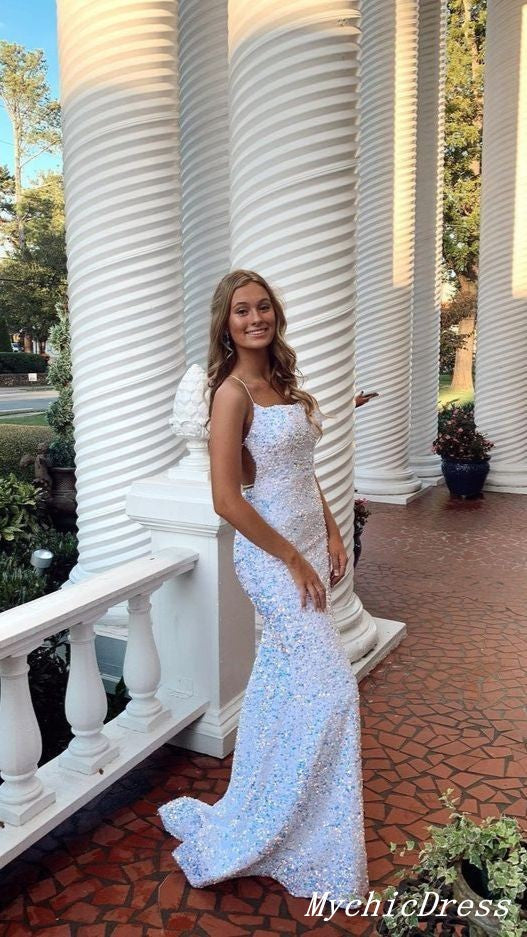 Sexy Glitter Mermaid Sequin Prom Dresses Spaghetti Straps Long