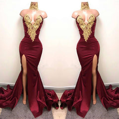 Sexy Mermaid Front-Split Lace High Neck Burgundy Prom Dresses - MyChicDress