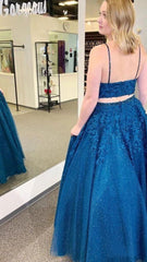 Sexy Blue 2 piece Prom Dresses Lace Sequin V Neck Formal Evening Dress