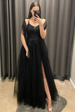 Cheap Black Lace Long Prom Dress V Neck Backless Tulle Formal Dress with Slit