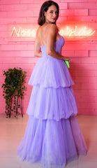 Sheath Lavender Tulle Tiered Prom Dress Long with Layered Skirt