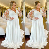 Sheath Plus Size Wedding Dresses Long Sleeves V-Neck Lace Bridal Dress