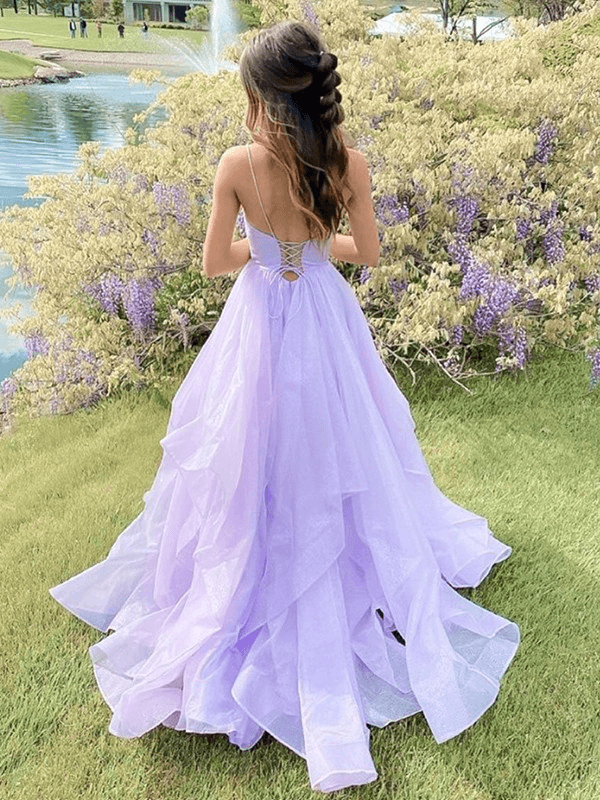 Shiny Princess Purple Prom Dresses Ruffles V-neck Sleeveless