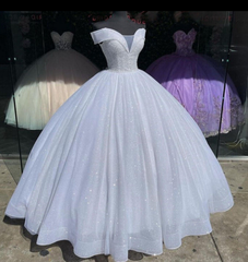 Shiny Ball Gown White Quinceanera Dresses Glitter Sequin Sweet 16 Dress Beads Corset