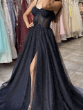 Shiny Black Lace Prom Dresses 2023 Tulle Long Formal Dress Spaghetti S ...
