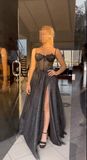 Shiny Black Lace Prom Dresses 2024 Tulle Long Formal Dress Spaghetti Straps