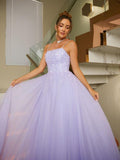 Shiny Lilac Long Prom Dresses Beaded Tulle Purple Formal Dresses Sleeveless