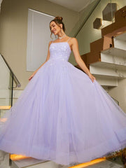 Shiny Lilac Long Prom Dresses Beaded Tulle Purple Formal Dresses Sleeveless