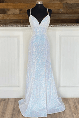 Shiny Mermaid Sequins Long White Prom Dresses V Neck Sleeveless Formal Dresses