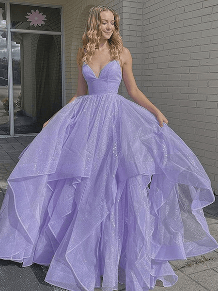 Shiny Princess Purple Prom Dresses 2023 Ruffles V-neck Sleeveless Form ...