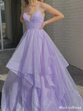 Shiny Princess Purple Prom Dresses 2023 Ruffles V-neck Sleeveless Formal Dresses