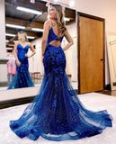Shiny Royal Blue Tulle Prom Dresses V Neck Mermaid Graduation Dress with Appliques