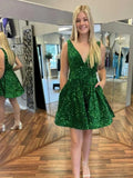 Shiny Sequins V Neck Prom Dresses Short Green Wedding Guest Dresses