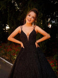 A Line Black Sequin Prom Dresses UK Long V Neck Formal Evening Gown