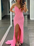 Shiny V Neck Sequins Hot Pink Prom Dresses 2023 Long Mermaid High Slit with Train