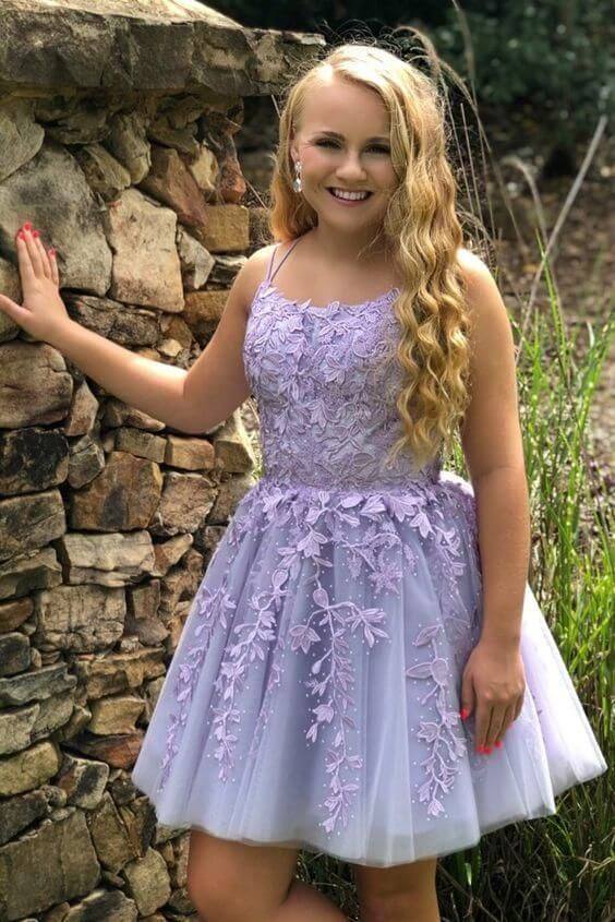 light purple prom dresses short Cute Round Neck Lace Short Purple Prom Dresses, Purple Homecoming Dres