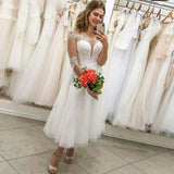 Short Lace Appliques Beach Tea Length Wedding Dresses with Half Sleeves