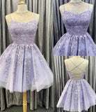 Short Lilac Prom Dresses Lace Homecoming Dresses Purple Applique