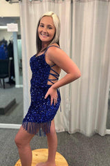 Short Plus Size Sequins Prom Dresses Royal Blue Mermaid Bodycon Spaghetti Straps
