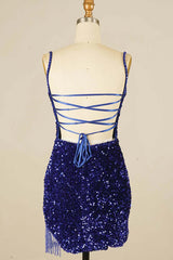 Short Plus Size Sequins Prom Dresses Royal Blue Mermaid Bodycon Spaghetti Straps