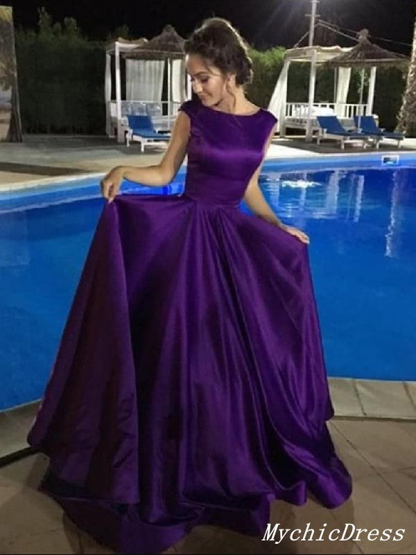 Simple A Line Purple Prom Dresses Satin Cap Sleeves Long Eveing Dresses Custom Color / US16 Simple A Line Purple Prom Dresses Satin Cap Sleeves Long Eveing Dresses Custom Color / US16