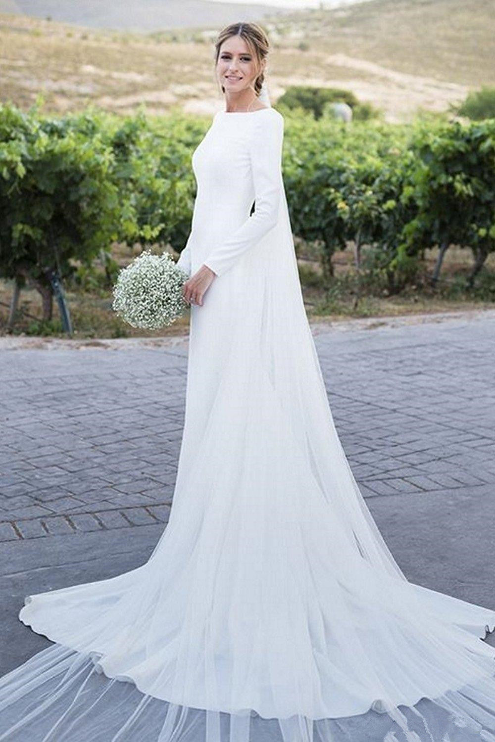 Simple Long Sleeves White Beach Wedding Dresses Low Back – MyChicDress
