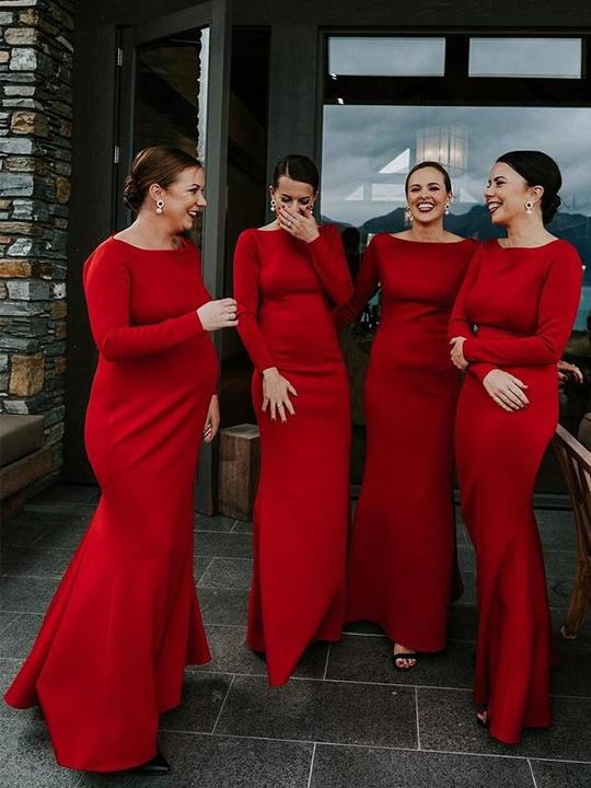 Simple Mermaid Long Red Bridesmaid Dresses with Sleeve US2 / Custom Color Simple Mermaid Long Red Bridesmaid Dresses with Sleeve US2 / Custom Color