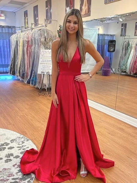 Simple Red Satin Prom Dresses V Neck Backless Long Formal Dress