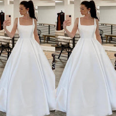 Simple Satin Minimalist Wedding Dresses Square Neck Plus Size Bridal Dresses MyChicDress